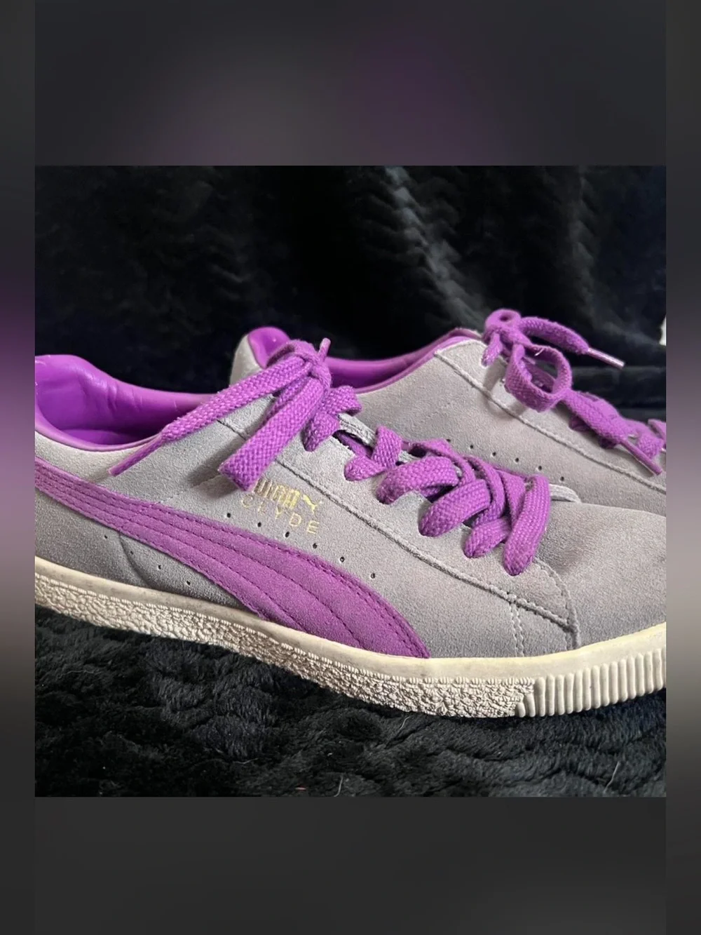 Puma CLYDE Basket Classic grey and purple trainers 181632 38 Size 9